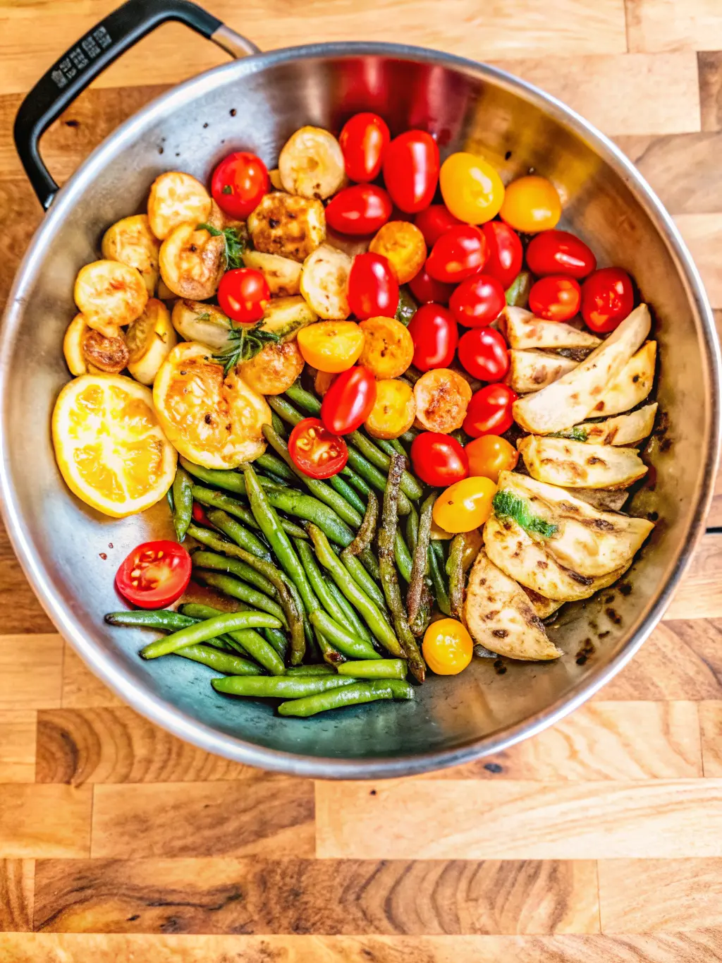A dynamic, medium shot capturing the process of cooking Pesto Chicken and Veggies in a large, shiny metal pan on a stovetop (burner not visible). Grilled chicken pieces are mixed with thinly sliced zucchini and asparagus, showing light char marks. Steam subtly rises from the sizzling ingredients. The pan is on a wooden cutting board placed on a marble countertop. Natural morning light creates warm tones and soft shadows. NO HANDS OR PEOPLE. (3:4 ratio)