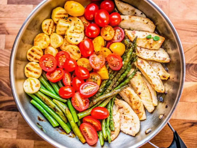 A top-down, high-angle view of a large, shiny metal pan filled with Pesto Chicken and Veggies, showcasing a vibrant mix of grilled chicken pieces, thinly sliced and grilled zucchini, grilled asparagus spears, bright green beans, and abundant halved red and yellow cherry tomatoes. The ingredients are artfully arranged in distinct sections within the pan, coated in a light pesto sheen. The pan rests on a warm-toned wooden cutting board on a white marble countertop. Natural morning light filters in from an east window, creating soft shadows. Fresh herbs are subtly visible in the soft-focus background, enhancing the clean and tidy presentation. NO HANDS OR PEOPLE. (4:3 ratio)