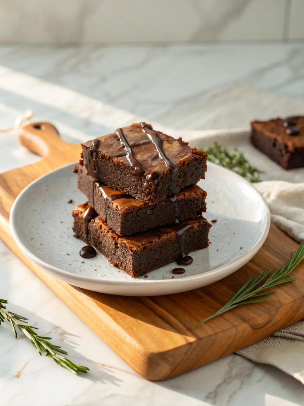 A 3:4 close-up shot of a single perfectly sliced Protein Brownie, showcasing its dense, fudgy texture and visible chocolate chips. The brownie sits on a minimalist white plate, with a subtle wooden accent from the cutting board and a hint of fresh herbs in the background. Natural morning light highlights the chocolatey sheen, creating soft shadows on the marble countertop. No hands.