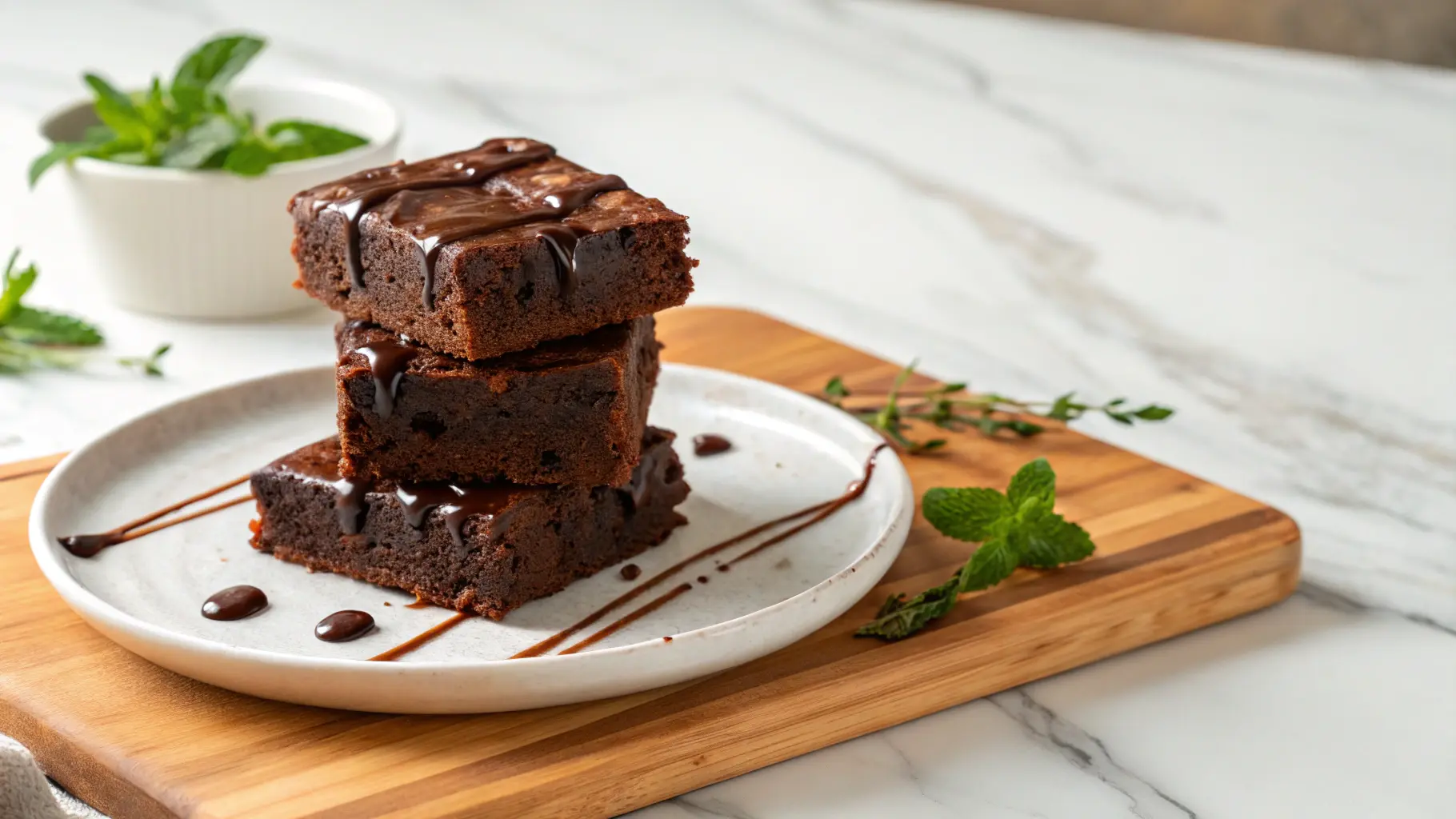 A beautifully composed 16:9 shot of a stack of three fudgy Protein Brownies on a minimalist white plate, drizzled with a slight chocolate glaze. The plate rests on a warm wooden cutting board, with fresh herbs subtly visible in the soft background. Natural morning light from an east window casts gentle shadows, creating a clean and tidy, yet inviting, scene on marble countertops. Warm tones, no hands.