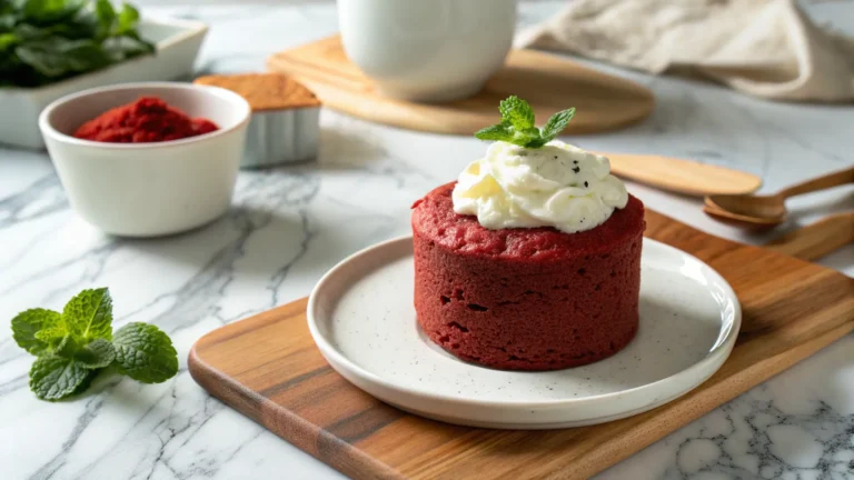 Mouth-watering Red Velvet Mug Cake, perfectly baked, sitting on a minimalist white plate with a dollop of cream cheese frosting on top, on marble countertops. A sprig of fresh mint adds a pop of color in the background. Natural morning light creates soft shadows and highlights its rich red hue. The wooden cutting board is subtly visible in the corner, contributing to a warm, inviting tone. Deliciously appealing, no hands.