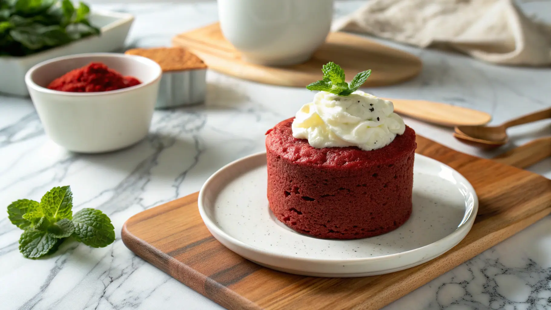 Mouth-watering Red Velvet Mug Cake, perfectly baked, sitting on a minimalist white plate with a dollop of cream cheese frosting on top, on marble countertops. A sprig of fresh mint adds a pop of color in the background. Natural morning light creates soft shadows and highlights its rich red hue. The wooden cutting board is subtly visible in the corner, contributing to a warm, inviting tone. Deliciously appealing, no hands.