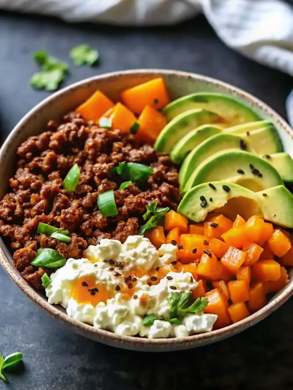 A minimalist white ceramic bowl filled with raw, lean ground beef, next to a wooden cutting board with precisely cubed butternut squash, fresh cilantro sprigs, and chopped green onions. The scene is illuminated by natural morning light, casting soft shadows, on a marble countertop with a hint of wood accent in the background. (3:4 ratio), NO HANDS OR PEOPLE.
