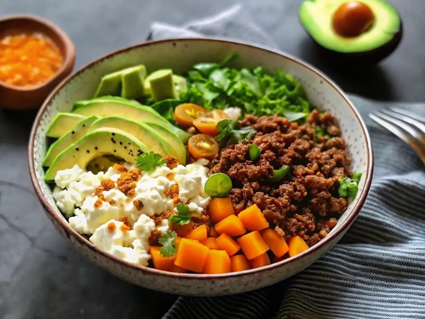 A beautifully plated Savory Ground Beef Hot Honey Bowl in a dark ceramic bowl, featuring seasoned crumbled ground beef, vibrant orange roasted butternut squash cubes, bright green sliced avocado, a dollop of creamy white ricotta cheese, garnished with chopped green onions and fresh cilantro. A glistening golden-orange hot honey drizzle artistically coats the ricotta and beef. The bowl sits on a pristine marble countertop with a subtle wood accent and fresh herbs blurred in the background, all bathed in soft, natural morning light from an east window, creating warm tones and soft shadows. (4:3 ratio), NO HANDS OR PEOPLE.