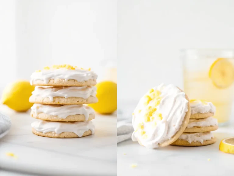 A stack of three soft-baked vegan lemon cookies, light golden brown, generously frosted with thick white vegan cream cheese frosting, and speckled with bright yellow lemon zest. A single cookie is leaning against the stack. A slice of lemon is visible in the soft foreground. Shot on a white marble countertop with natural morning light from an east window, soft shadows, warm tones, clean and tidy presentation. Minimalist white plate, fresh herbs subtly blurred in background. Same wooden cutting board, but not prominently featured. NO HANDS OR PEOPLE. (4:3 ratio)