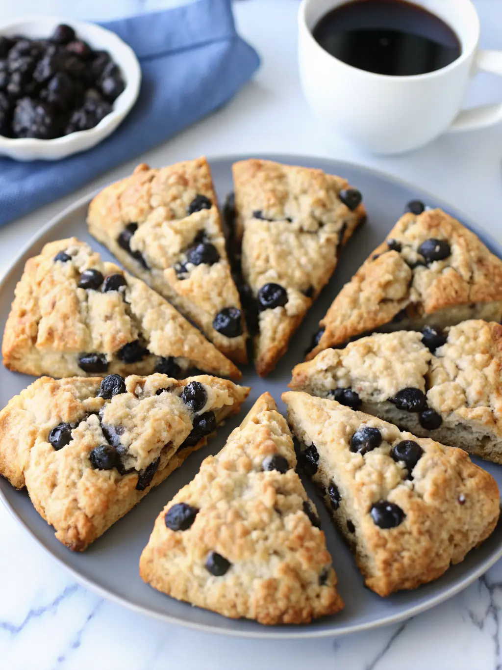 A single, perfectly baked, golden brown Sourdough Chocolate Chip Scone wedge, showing its flaky interior and melted dark chocolate chunks, resting on a minimalist white plate. A small pile of coarse sugar is beside it. Natural morning light, warm tones, soft shadows on a light blue/grey marble countertop. (3:4 ratio)