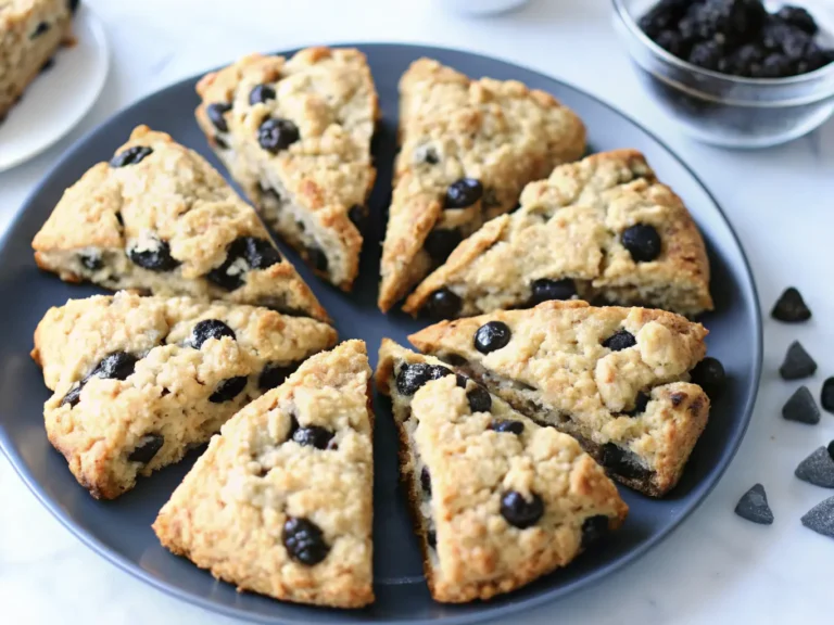 A beautiful hero shot of golden brown triangular Sourdough Chocolate Chip Scones arranged in a circle on a dark grey ceramic plate. Coarse sugar glimmers on their flaky tops, and rich dark chocolate chunks are visible. The scene is bathed in natural morning light with soft shadows on a light blue/grey marble countertop. A small, out-of-focus white ceramic bowl filled with dark chocolate chunks and a folded white linen cloth are subtly in the background. (4:3 ratio)