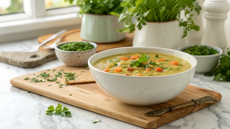A mouth-watering, perfectly plated bowl of Split Pea Soup, garnished with fresh parsley, sitting on a wooden cutting board on a marble countertop with soft morning light from an east window. The soup should have a deliciously appealing, thick, creamy texture, showing visible pieces of tender split peas and diced vegetables. Background features blurred fresh herbs in ceramic pots. Warm tones and clean presentation.