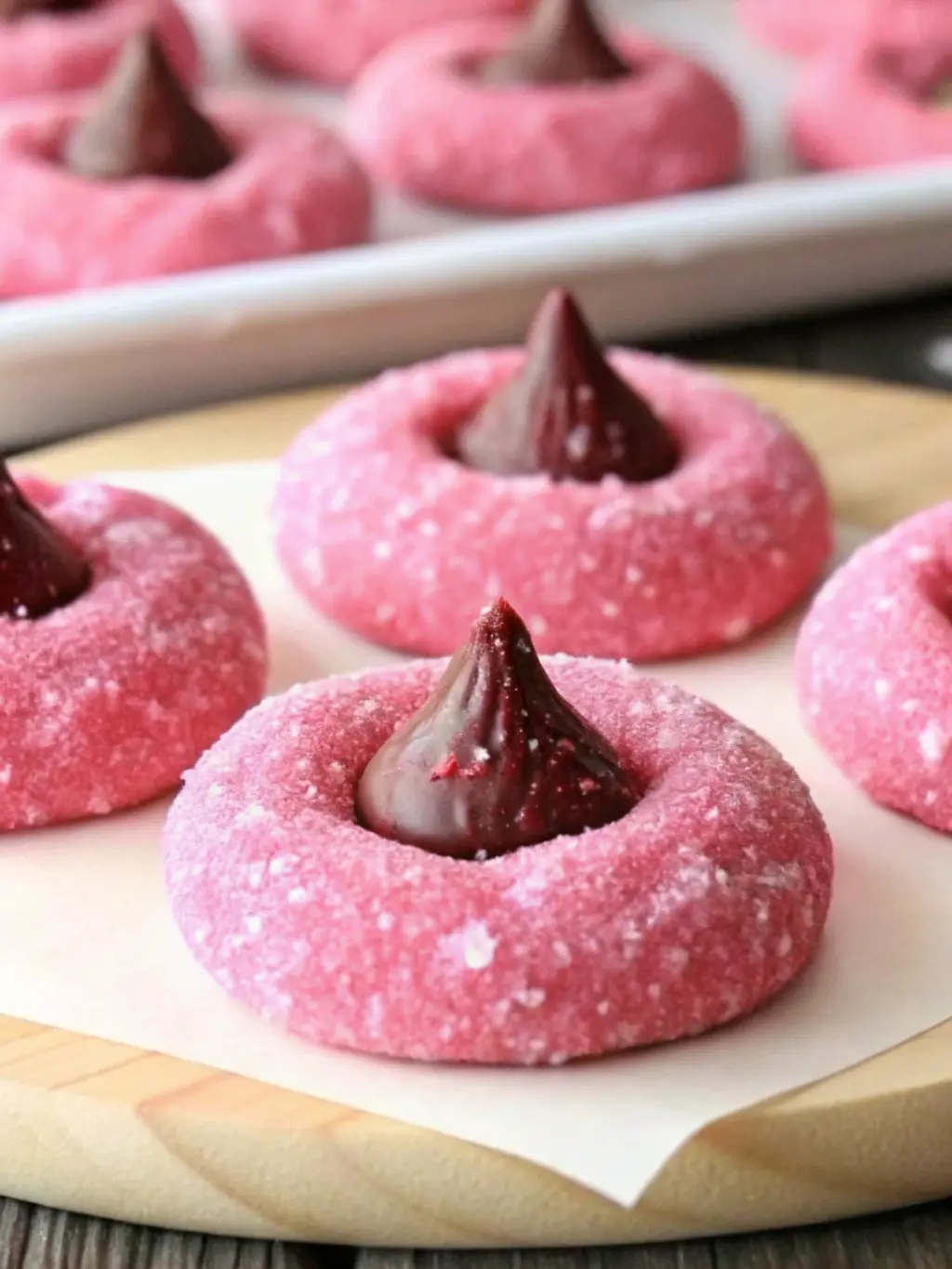 Pink cookie dough balls, lightly coated in powdered sugar, evenly spaced and ready to be baked on a parchment-lined baking sheet, resting on a wooden cutting board on a marble countertop. Natural morning light from an east window creates soft shadows, warm tones, clean and tidy kitchen. 3:4 ratio. NO HANDS OR PEOPLE.