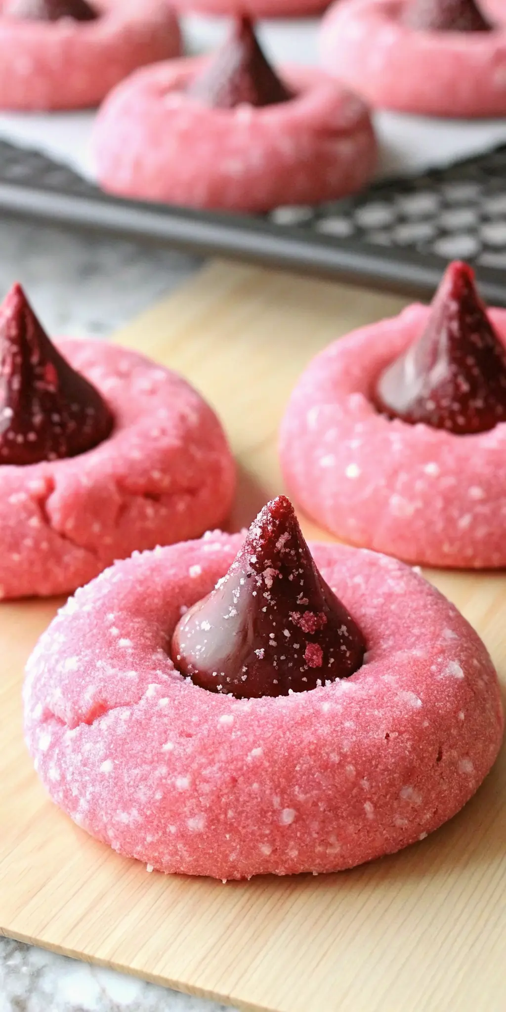 A couple of baked and cooled vibrant pink, sugar-coated Strawberry Kiss Cookies with dark chocolate Hershey's Kisses in their centers, one cookie broken open slightly to show the soft, tender texture inside. They are resting on a minimalist white ceramic plate on a wooden cutting board. Fresh herbs are subtly visible in the background. Natural morning light, soft shadows, warm tones, clean and tidy presentation. 3:4 ratio. NO HANDS OR PEOPLE.