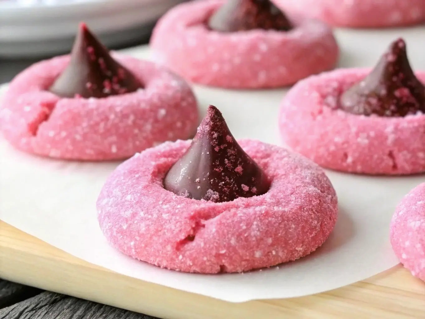 Hero shot of vibrant pink, sugar-coated Strawberry Kiss Cookies with dark chocolate Hershey's Kisses in their centers, arranged artfully on a natural wooden cutting board and a piece of parchment paper. The scene is bathed in natural morning light from an east window, casting soft shadows. Background shows a subtle blur of minimalist white ceramic bowls and fresh herbs, warm tones, clean and tidy presentation. 4:3 ratio. NO HANDS OR PEOPLE.