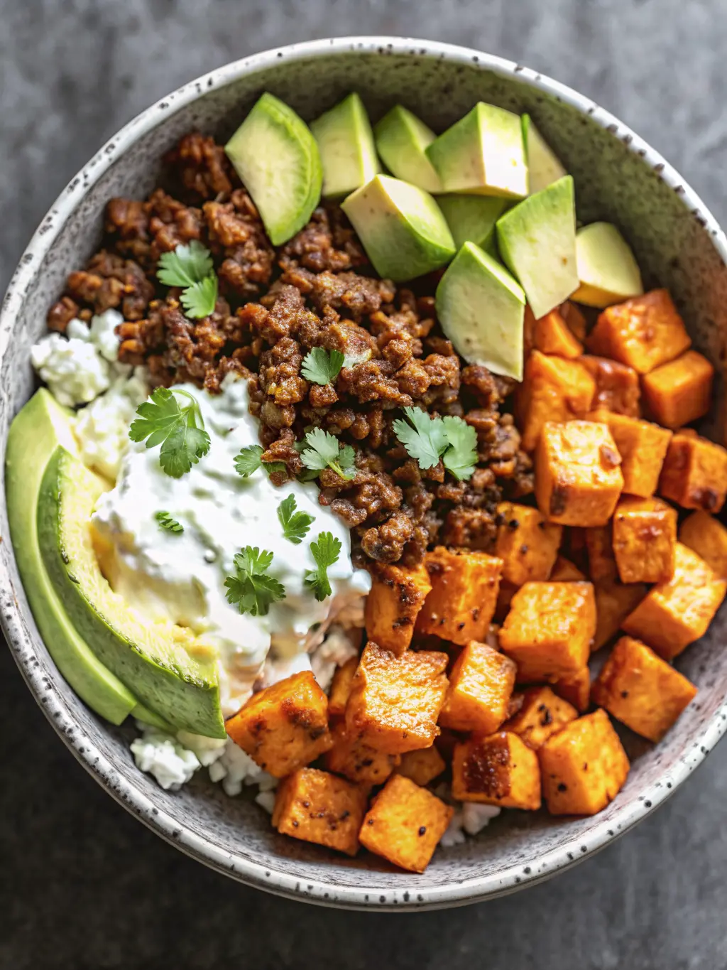 An appetizing in-process shot showing diced raw sweet potatoes tossed with olive oil and taco seasoning in a minimalist ceramic bowl, on the signature wooden cutting board, with fresh herbs and a lightly dappled marble countertop in the softly lit background, capturing the clean and tidy presentation, no hands.