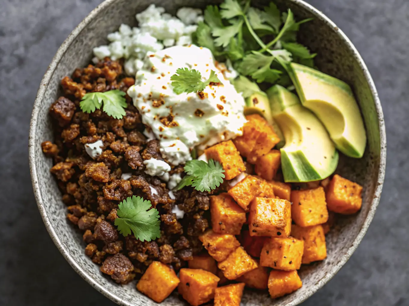 A mouth-watering Sweet Potato Taco Bowl, filled with golden-brown roasted sweet potato cubes, savory ground beef, creamy white cottage cheese, vibrant green sliced avocado, and fresh cilantro, all in a minimalist ceramic bowl on a marble countertop with soft natural morning light and warm tones. Fresh herbs are visible in the background, and a signature wooden cutting board is subtly placed, no hands.