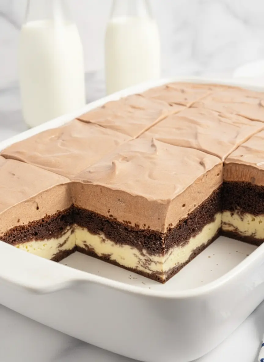 A neatly arranged flat lay of unmixed ingredients for The Best Italian Love Cake: cocoa powder in a small ceramic bowl, bags of flour and sugar, a block of cream cheese, a tub of ricotta, and fresh eggs, all on a wooden cutting board on a marble countertop. Natural morning light from an east window casts soft shadows. No hands or people.