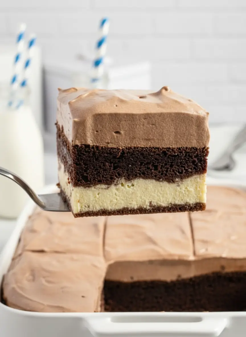 A glass 9x13 inch baking dish containing the assembled, unbaked layers of The Best Italian Love Cake. The bottom layer of dark chocolate cake is visible, with the smooth, pale off-white ricotta cheesecake mixture poured evenly over it, and the second layer of dark chocolate cake batter carefully spooned on top. The dish rests on a clean marble countertop, with soft, warm natural light. No hands or people.