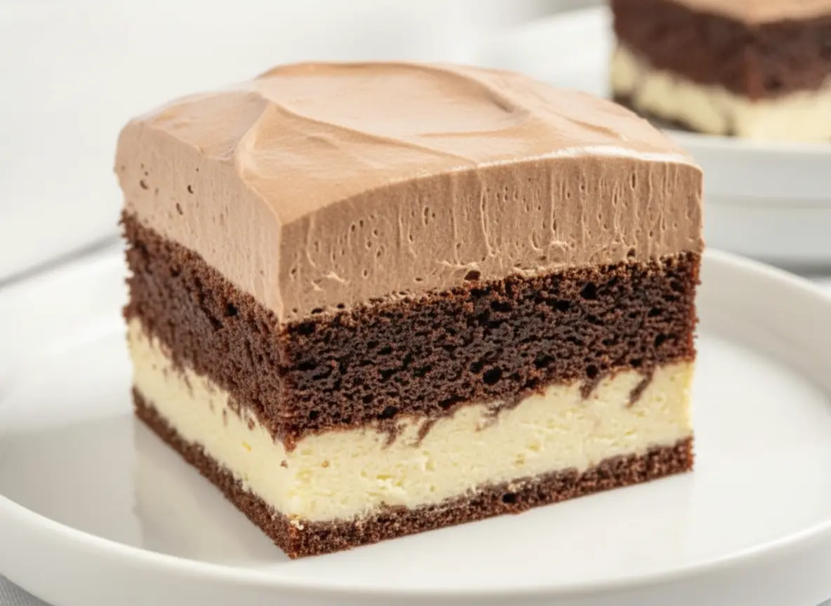 A perfectly cut square slice of The Best Italian Love Cake, prominently displaying its distinct, even layers: a dark brown chocolate cake base, a thick, creamy off-white cheesecake layer, another dark brown chocolate cake layer, and a generous topping of light brown, fluffy chocolate mousse with gentle peaks. The slice is centered on a minimalist white ceramic plate. The scene is set on a marble countertop with natural morning light from an east window, casting soft, warm shadows. The background is clean and tidy with subtle wood accents. No hands or people.