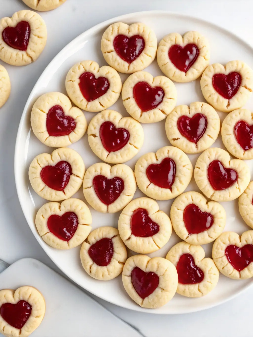 Several unbaked, round cookie dough balls with distinct heart-shaped indents, ready for raspberry jam, resting on parchment paper on a minimalist baking sheet. A small bowl of vibrant red raspberry jam is visible nearby. Shot on a white marble countertop with wood accents, bathed in natural morning light from an east window. Fresh green herbs in the background. No hands. 3:4 aspect ratio.