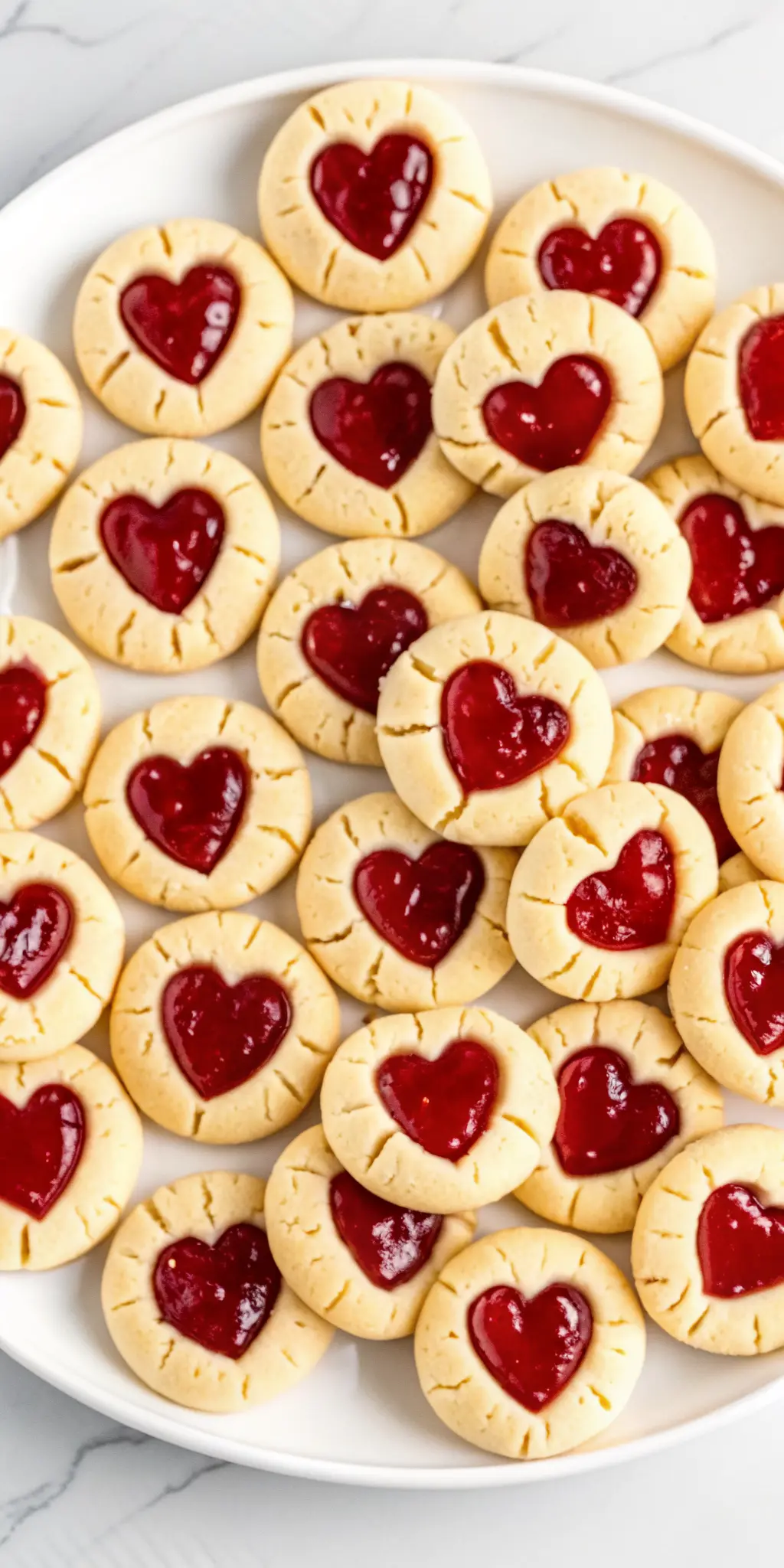 A stack of two or three perfectly baked, light-cream thumbprint heart cookies, showcasing their craggy texture and the glossy, vibrant red raspberry jam in the heart indent, served on a minimalist white plate with a few loose crumbs. The plate rests on a white marble countertop with a subtle wood accent peeking in. Natural morning light from an east window, soft shadows, fresh green herbs in the background. No hands. 3:4 aspect ratio.