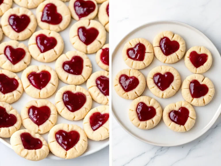 A close-up, overhead shot of numerous round, light-cream thumbprint cookies with heart-shaped raspberry jam centers, piled high on a minimalist white plate. The cookies have a slightly craggy, tender texture. Soft morning light from an east window casts gentle shadows on a white marble countertop with subtle wood accents. Fresh green herbs are visible, slightly blurred in the background, next to a familiar wooden cutting board. Warm tones, clean and inviting presentation, no hands. 4:3 aspect ratio.