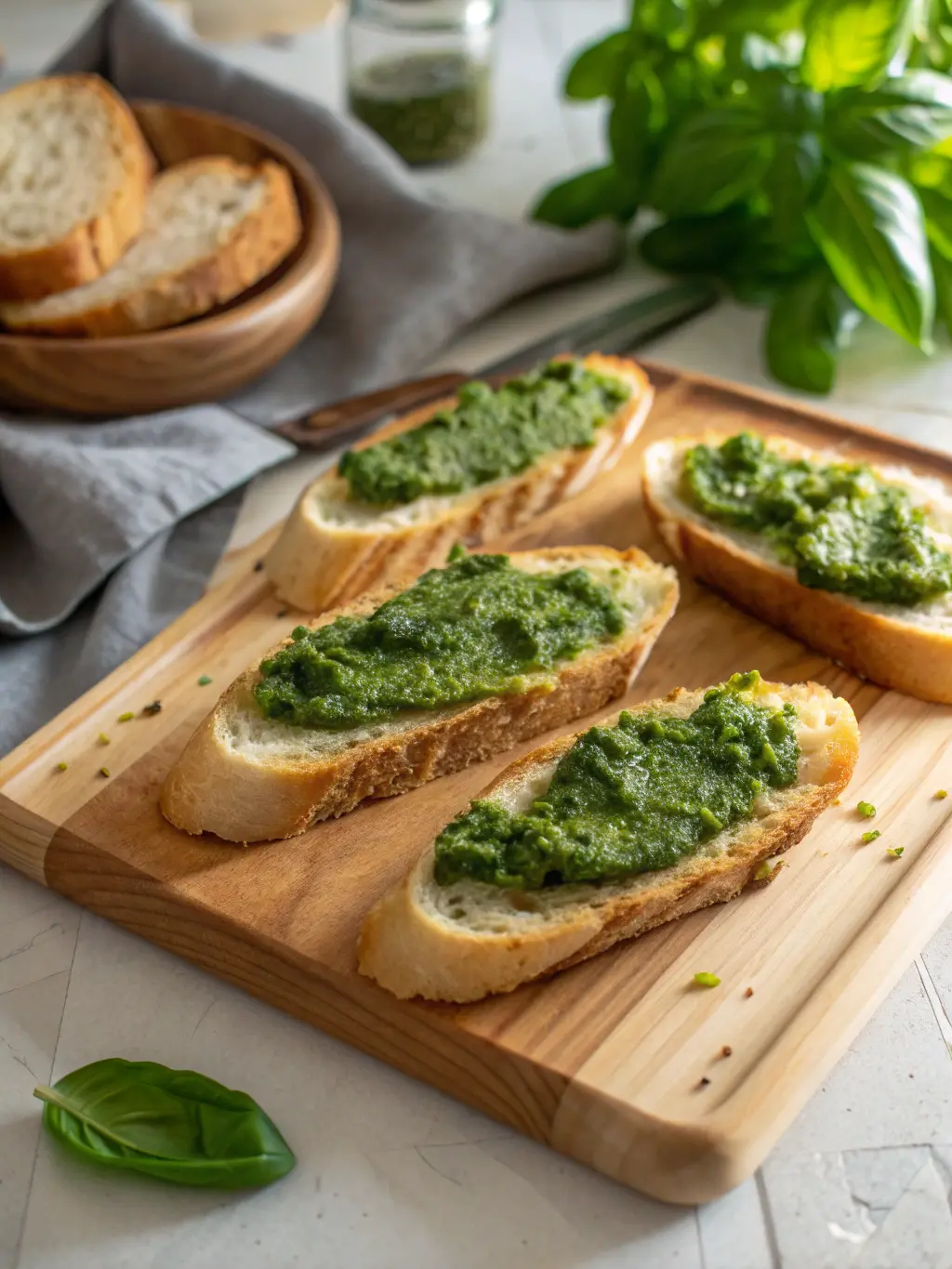 A close-up, top-down shot of several golden-brown baguette slices on the wooden cutting board, with vibrant green pesto being artfully spread onto one of them. Natural morning light from the east window illuminates the scene, creating soft shadows. Fresh basil leaves are visible in the background, reinforcing the clean and tidy kitchen aesthetic.