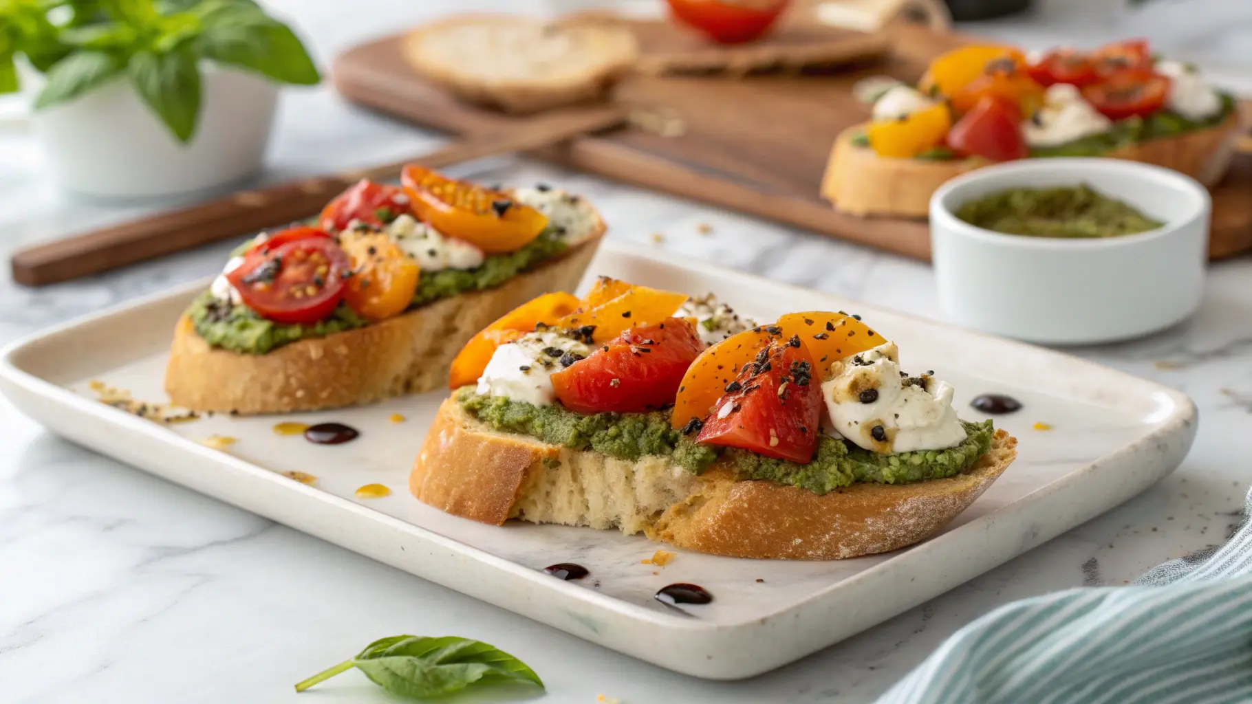 A beautifully arranged spread of Tomato Crostini with Pesto and Ricotta on a minimalist white plate, placed on a marble countertop with subtle wood accents. The crostini feature golden-brown toasted baguette, vibrant green pesto, creamy white ricotta, and a colorful mix of red and orange sliced tomatoes, sprinkled with dark specks of pepper. Natural morning light creates soft shadows, highlighting the deliciously appealing textures. Fresh basil sprigs are artfully blurred in the background, consistent with a clean, tidy presentation.