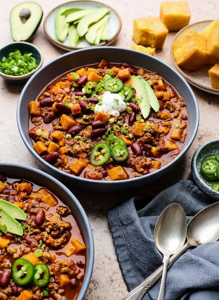 An overhead shot showcasing the key ingredients for Turkey Sweet Potato Chili, neatly arranged on a wooden cutting board set on a light marble countertop. Visible ingredients include a pile of diced orange sweet potatoes, a bowl of raw ground turkey, an open can of kidney beans, a diced onion, a whole avocado sliced in half, fresh green onions, and various spices in small, minimalist ceramic bowls (chili powder, cumin, paprika). The scene is bathed in natural morning light, creating soft shadows and warm tones, with fresh herbs subtly visible in the background. No hands or people. (3:4 ratio)