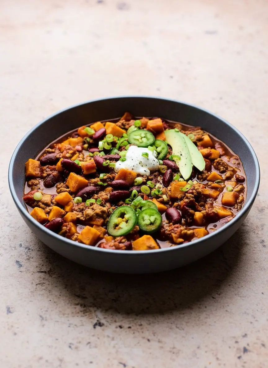 A close-up, slightly angled shot of a ceramic pot or Dutch oven on a stovetop (implied by the setting, focus on the food), with the Turkey Sweet Potato Chili simmering gently. The chili is a rich, bubbling mixture with clear visible orange sweet potato chunks, dark red kidney beans, and crumbled ground turkey. A wooden spoon is resting in the pot. The background features a light marble countertop with natural morning light, soft shadows, and warm tones, hints of fresh herbs in the background for visual interest. No hands or people. (3:4 ratio)