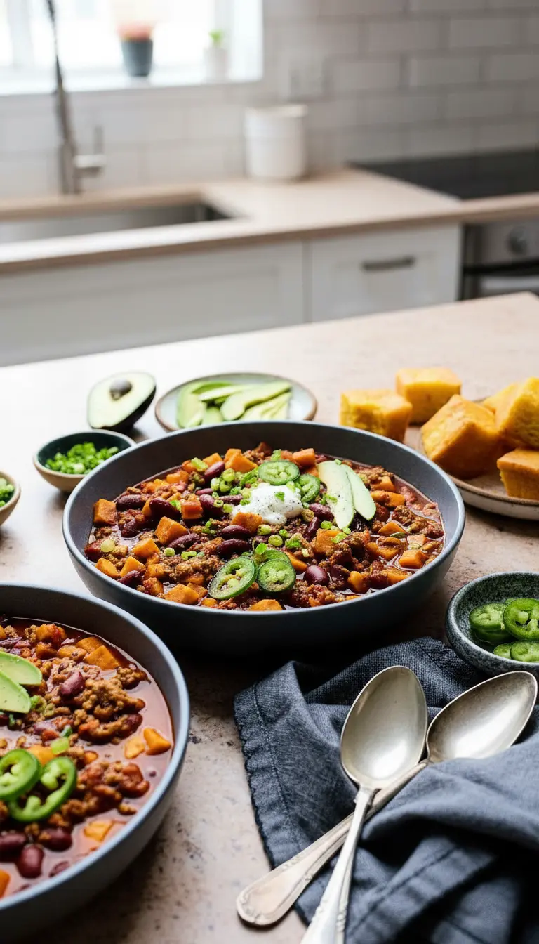 A close-up, slightly angled shot of a single dark grey ceramic serving bowl of Turkey Sweet Potato Chili, emphasizing the texture and vibrant toppings. The rich, dark red chili is clearly visible, topped with a distinct dollop of white sour cream, bright green sliced jalapeños, and fresh green onion bits. A silver spoon is gently dipped into the chili, showing its thickness. Adjacent, golden square cornbread pieces are visible on a minimalist white plate. The bowl sits on a light marble countertop. Natural morning light, soft shadows, and warm tones create an inviting presentation. No hands or people. (3:4 ratio)