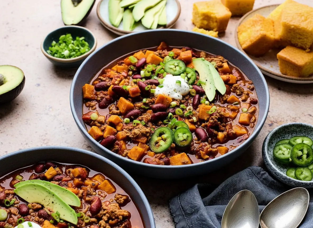 A top-down shot of a large, dark grey ceramic bowl filled with vibrant Turkey Sweet Potato Chili, showcasing the rich reddish-brown chili base with visible orange sweet potato cubes, dark red kidney beans, and crumbled ground turkey. It is generously topped with bright green chopped green onions, a dollop of white sour cream, a fan of thinly sliced green avocado, and several vibrant green jalapeño rings. Adjacent to the bowl, on a light marble countertop with subtle wood accents, a plate holds golden square cornbread pieces, along with small ceramic bowls containing extra sliced avocado and chopped green onions. The scene is bathed in natural morning light, creating soft shadows and warm tones, presented cleanly and tidily. No hands or people. (4:3 ratio)