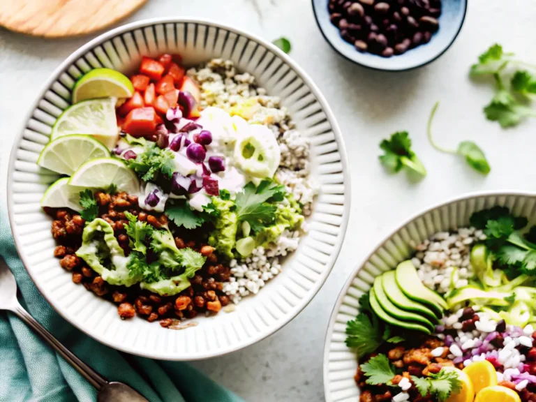 Overhead shot (4:3) of a vibrant Beef Burrito Bowl. The bowl contains fluffy white cilantro-lime rice as the base, topped with distinctly separated sections of reddish-brown seasoned ground beef, dark black beans, vibrant orange roasted sweet potato cubes, neatly fanned green avocado slices, and thin purple pickled red onions. Fresh green cilantro leaves are scattered throughout, and a bright yellow-green lime wedge rests on top. A small ceramic bowl of light green creamy sauce and an extra small bowl of pickled red onions are visible beside the main bowl, along with a blue-grey striped linen napkin. All are arranged on a clean, light marble countertop with warm natural morning light from an east window, soft shadows, and a consistent wooden cutting board subtly in the background. Minimalist white plate with ceramic texture. No hands or people.
