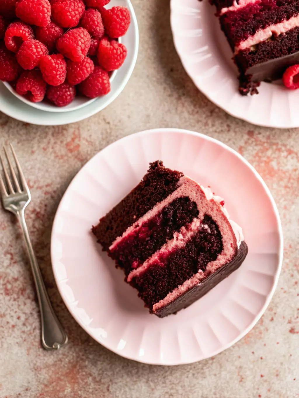 Artfully arranged key ingredients for Chocolate Raspberry Cake: fresh, vibrant red raspberries spilling from a minimalist white ceramic bowl, rich cocoa powder in another bowl, chocolate chips, flour, and buttermilk bottle. All set on a pristine marble countertop with a hint of a wooden cutting board in the background, under natural morning light. Soft shadows, warm tones, clean and tidy. 3:4 ratio. NO HANDS OR PEOPLE.