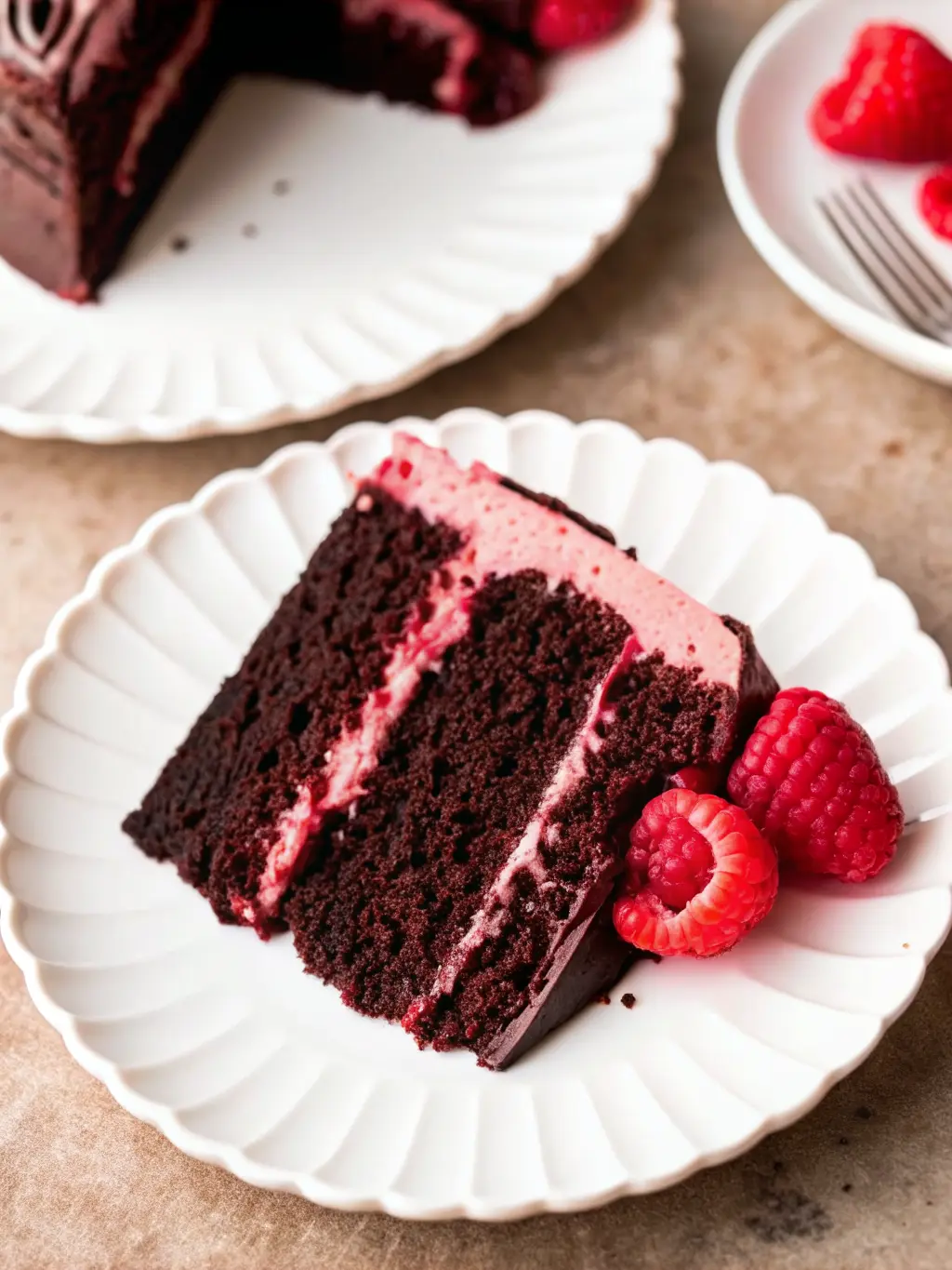 A close-up view of the Chocolate Raspberry Cake layers being assembled. Two moist dark chocolate cake layers are stacked, with a generous, vibrant pink raspberry buttercream spread evenly between them. The top cake layer is just about to be placed. The scene is on a marble countertop, bathed in natural morning light, with soft shadows and a clean presentation. 3:4 ratio. NO HANDS OR PEOPLE.