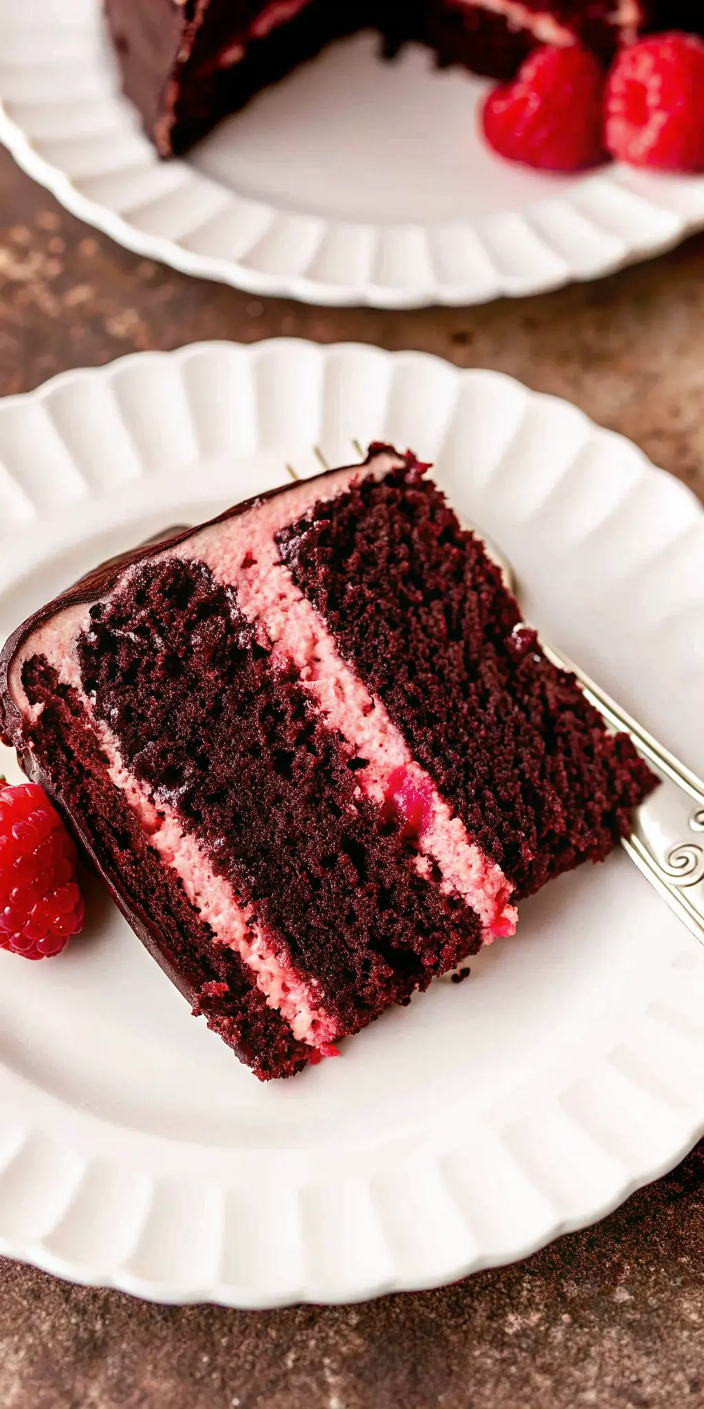 A tantalizing close-up of a single slice of Chocolate Raspberry Cake on a white scalloped plate, emphasizing the moist texture of the dark chocolate cake, the creamy vibrant pink raspberry filling, and the rich chocolate ganache topping with fresh raspberries. A silver ornate fork rests at the bottom. The background features light marble, with gentle natural morning light and warm tones. 3:4 ratio. NO HANDS OR PEOPLE.
