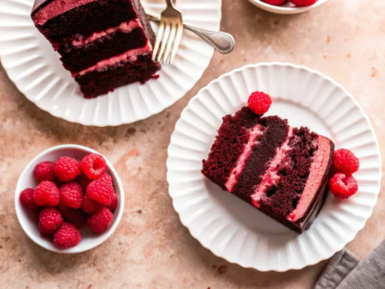 A hero shot of a single slice of triple-layer dark Chocolate Raspberry Cake on a white scalloped-edge plate, showcasing moist dark chocolate cake layers, vibrant pink raspberry buttercream filling, and a glistening dark chocolate ganache topping adorned with whole and halved fresh red raspberries. A silver ornate fork is beside the slice. In the background, subtly blurred, are marble countertops with a wooden accent, natural morning light, and a small white ceramic bowl filled with fresh raspberries. Soft shadows and warm tones, clean and tidy presentation. 4:3 ratio. NO HANDS OR PEOPLE.