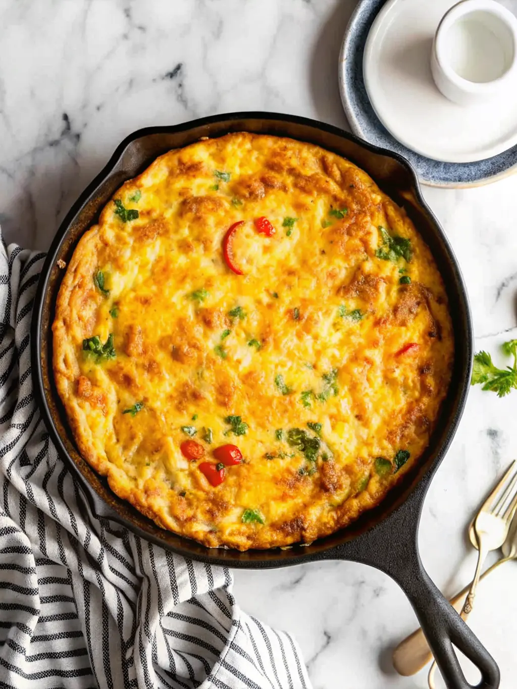 A single slice of the golden vegetable frittata, showcasing its fluffy texture and visible bits of broccoli and bell peppers, perfectly placed on a minimalist white ceramic plate with a brown rim. The remainder of the frittata in the black cast iron skillet is blurred in the background on a white marble countertop. Fresh herbs (like parsley or chives) are delicately placed on top of the slice. Soft shadows, warm tones, natural morning light from an east window. No hands or people. (3:4 ratio)