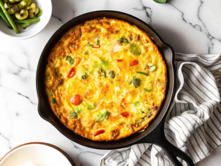 Overhead shot of a golden vegetable frittata, rich yellow with visible green broccoli florets and red and green bell pepper chunks, baked to perfection in a rustic black cast iron skillet, resting on a white marble countertop with subtle wood accents. A striped linen napkin (white with dark grey stripes) is draped beside it, and minimalist white ceramic plates with a brown rim are partially visible. Natural morning light from an east window creates soft shadows and warm tones. Clean, tidy presentation, no hands or people. Fresh herbs are subtly blurred in the background. (4:3 ratio)