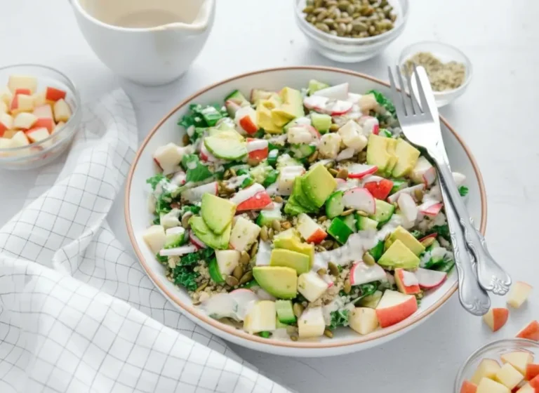 Overhead shot (4:3) of a vibrant Vegan Protein Kale Salad in a minimalist white ceramic bowl with a thin wooden rim, filled with chopped kale, cooked quinoa, diced cucumber, thinly sliced radishes, cubed apples, fanned avocado slices, scattered pumpkin seeds and hemp seeds, all drizzled with a creamy tahini dressing. The bowl is centered on a light marble countertop with a subtle wood accent peeking from the side. Soft natural morning light streams from an east window, casting gentle shadows. The overall presentation is clean, tidy, and features warm tones. NO HANDS OR PEOPLE.