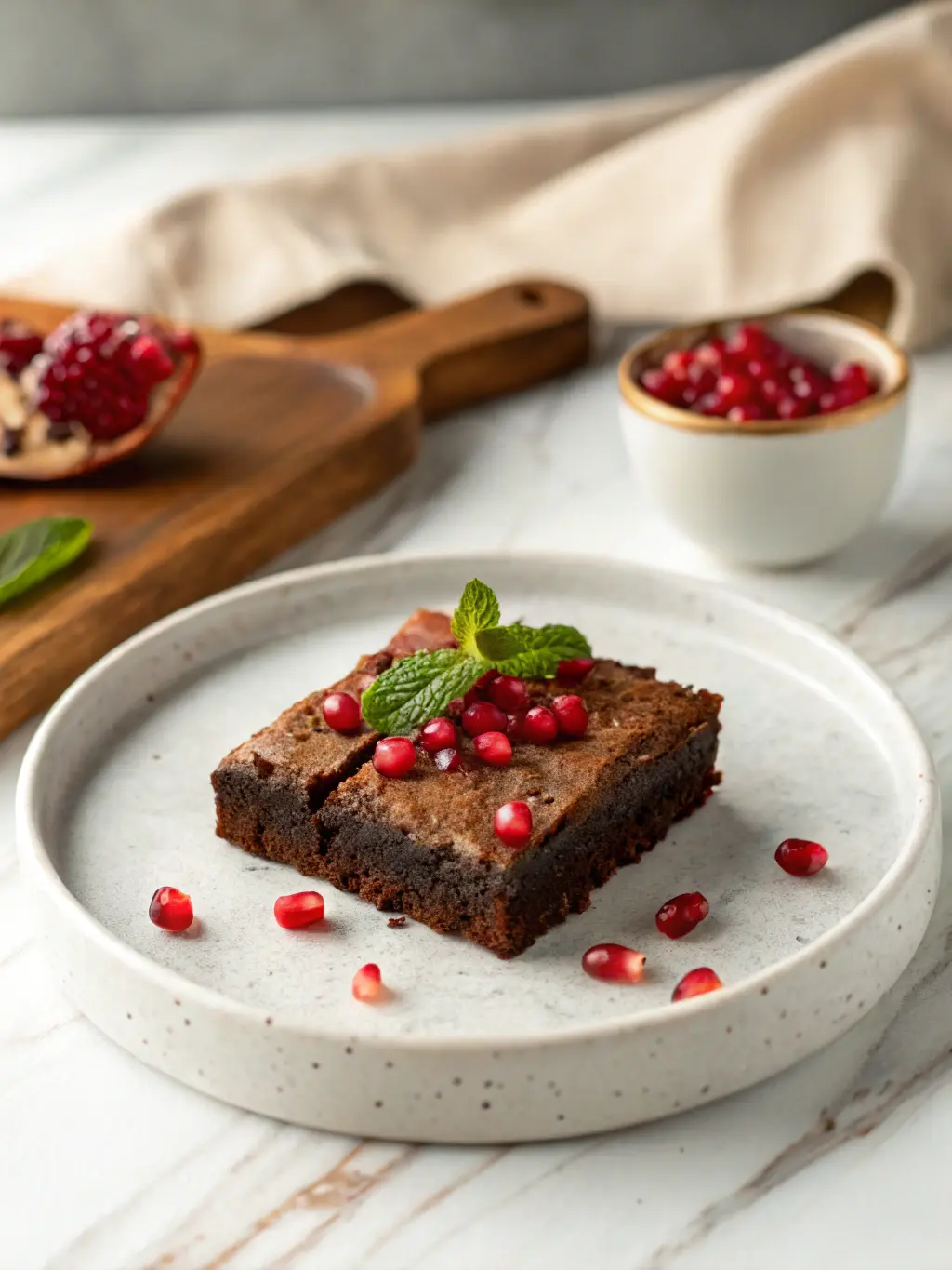 A close-up, delicious shot of several freshly baked vegan spelt brownies arranged neatly on the same wooden cutting board, showcasing their fudgy texture and slightly crinkled tops. Natural morning light from the east window illuminates the scene, highlighting the deep chocolate color and the scattered, juicy pomegranate seeds. Soft shadows play on the marble countertops in the background, with a sprig of fresh herbs adding a touch of green. The presentation is clean and inviting, reflecting warm tones and a lived-in kitchen feel. No hands or people visible.
