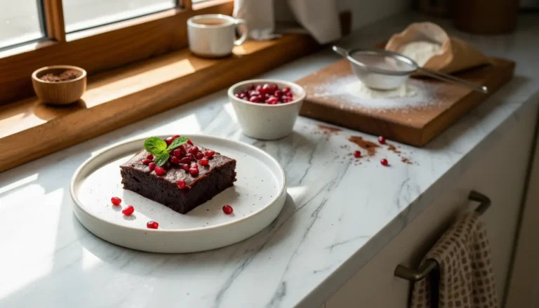 A beautifully plated square of rich, fudgy vegan spelt brownie on a minimalist white plate, adorned with a sprinkle of fresh, vibrant pomegranate seeds and a hint of fresh mint. The scene is bathed in natural morning light from an east window, casting soft shadows on marble countertops with subtle wood accents in the background. A small ceramic bowl with a few extra pomegranate seeds is artfully placed, emphasizing a clean and tidy presentation with warm tones, captured in a lived-in kitchen environment. No hands or people visible.