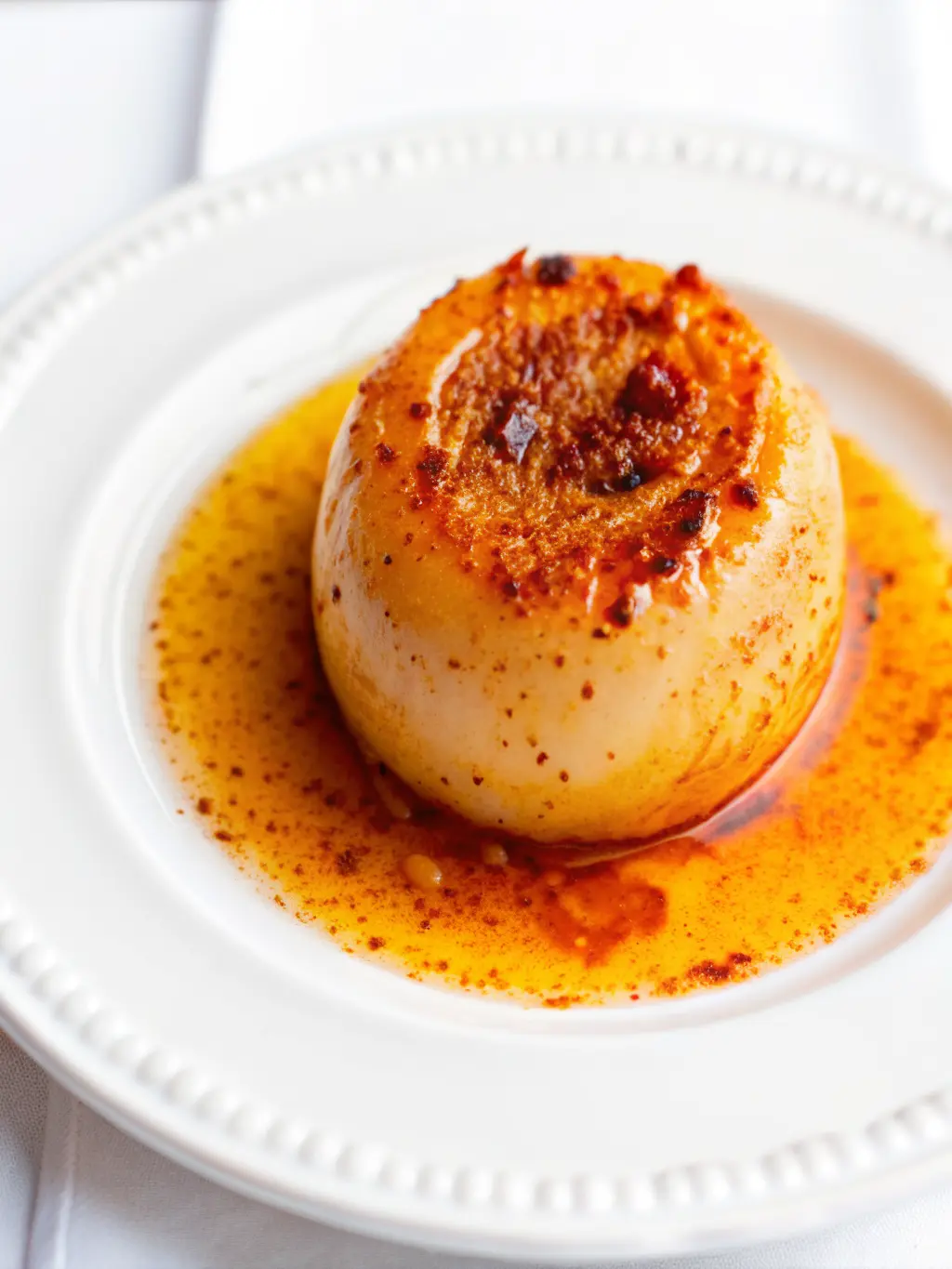 Arrangement of ingredients for the Onion Boil: a few raw, whole unpeeled onions, alongside a few peeled, glistening white onions. Small ceramic bowls hold vibrant orange-red spices, dried herbs, and a chunk of butter. A small bottle of soy sauce or broth is present. All arranged on a wooden cutting board on a marble countertop. Natural morning light, soft shadows, warm tones. Fresh herbs in the blurred background. Clean and tidy presentation. 3:4 aspect ratio. NO HANDS OR PEOPLE.