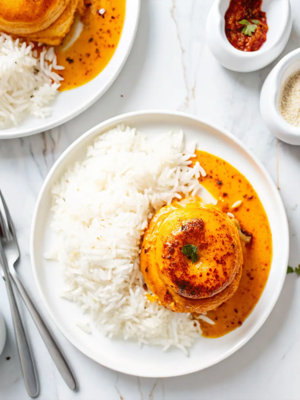 Close-up of a single, whole peeled onion gently simmering in a small, rustic ceramic pot or pan filled with a vibrant orange-red spiced liquid, heavily speckled with dark red spices and dried herbs. The onion is partially submerged, absorbing the flavors. The pot is on a marble countertop with a blurred wooden accent. Natural morning light creating soft shadows, warm tones. Fresh herbs in the background. Clean and tidy presentation. 3:4 aspect ratio. NO HANDS OR PEOPLE.
