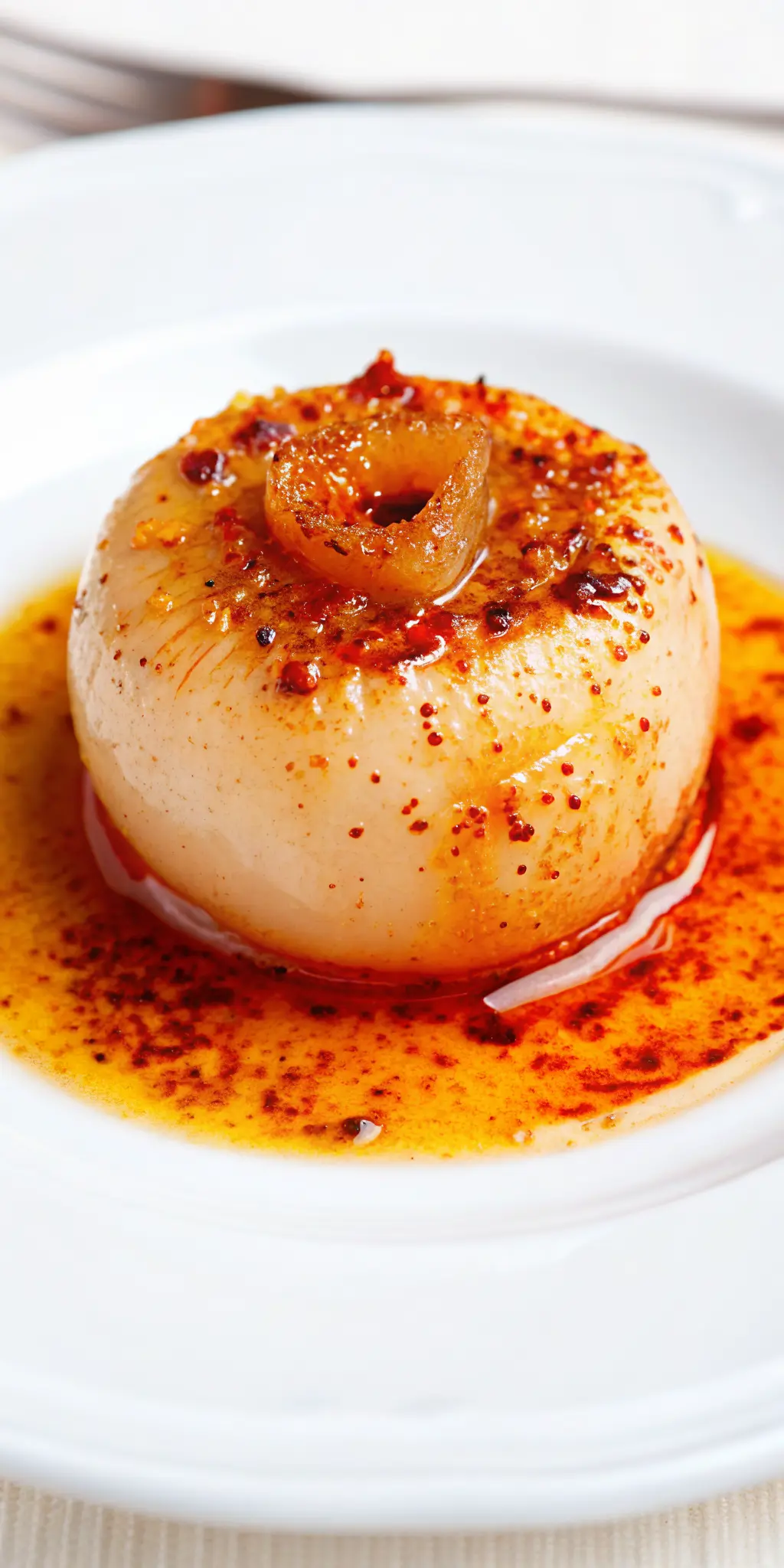 A close-up, slightly overhead shot of a single perfectly seasoned boiled whole onion cut in half on a minimalist white plate. The tender, translucent layers of the onion are visible, soaked in the vibrant orange-red spiced oil, heavily speckled with dark red spices and dried herbs. A small spoon rests beside it, indicating its soft texture. Natural morning light, soft shadows, warm tones. Marble countertop with blurred wood accent. Fresh herbs subtly visible in the background. Clean and tidy presentation. 3:4 aspect ratio. NO HANDS OR PEOPLE.