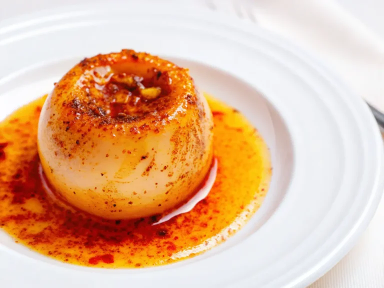 A single perfectly seasoned boiled whole onion on a minimalist white plate with a subtle raised dotted edge. The onion is light yellowish, glistening, with an opening at the top, resting in a vibrant orange-red spiced oil, heavily speckled with dark red spices and dried herbs. Natural morning light, soft shadows, warm tones. Marble countertop with a blurred wood accent in the background. Fresh herbs subtly visible. Clean and tidy presentation. 4:3 aspect ratio. NO HANDS OR PEOPLE.