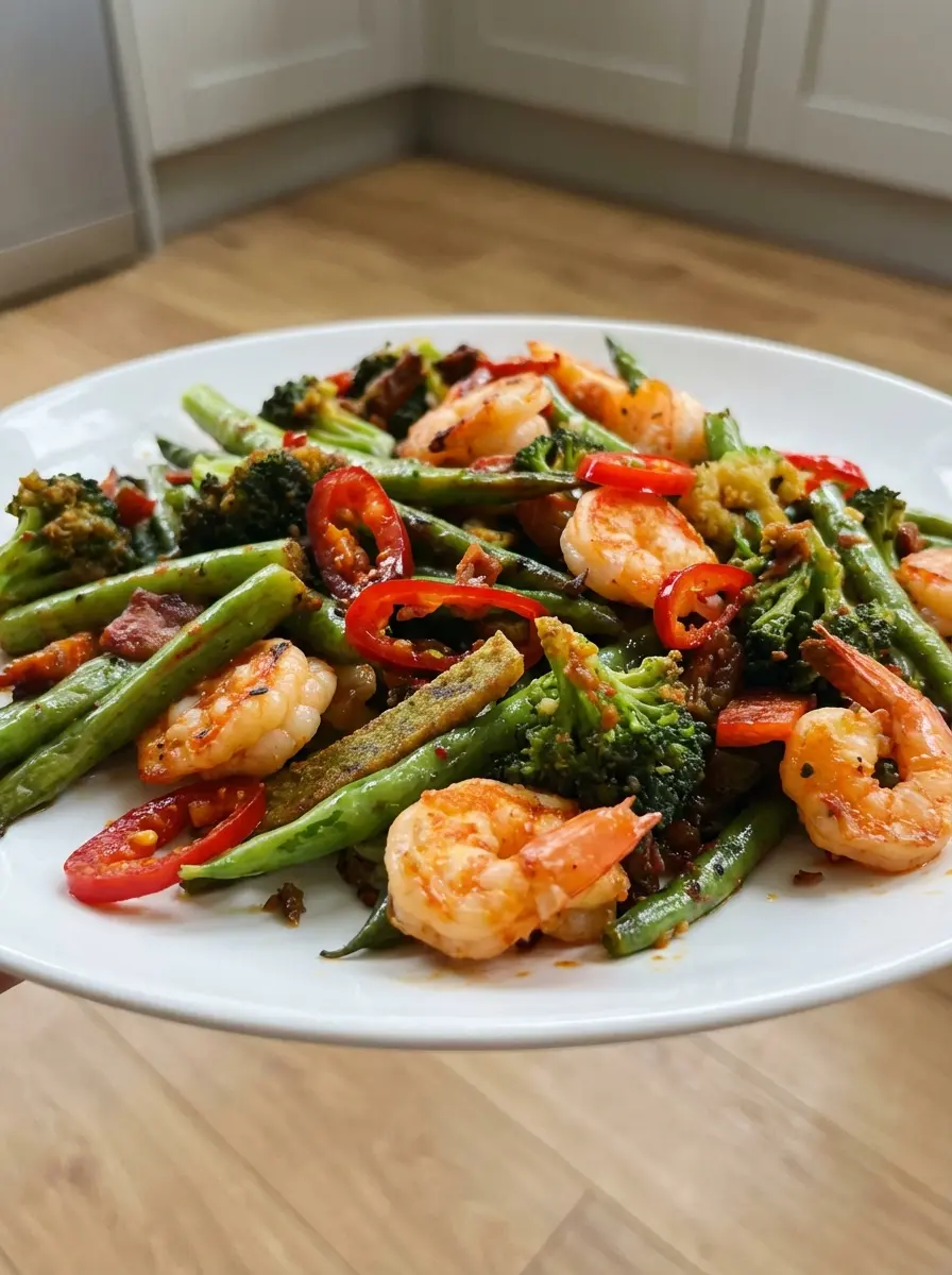 A wok on a stovetop over high heat, capturing the action of green beans and broccoli florets being stir-fried. The steam rises gently, and the vegetables show tender-crisp texture. A spatula is gently turning the ingredients. The background reveals a clean kitchen with marble countertops and warm lighting. (3:4 ratio)
