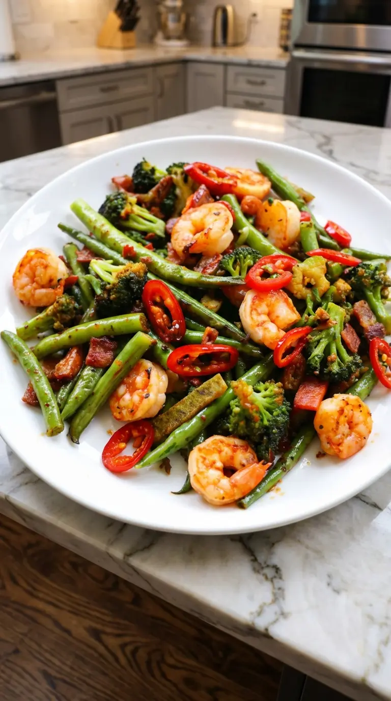 A serving of the finished 15-Minute Shrimp And Veg Stir-Fry on a minimalist white plate, showcasing the texture of the perfectly cooked shrimp, the crispness of the green beans and broccoli, and the glossy coating of the sauce. Slices of red chili add a pop of color. The dish is placed on a marble countertop, illuminated by natural morning light with fresh herbs softly blurred in the background. (3:4 ratio)