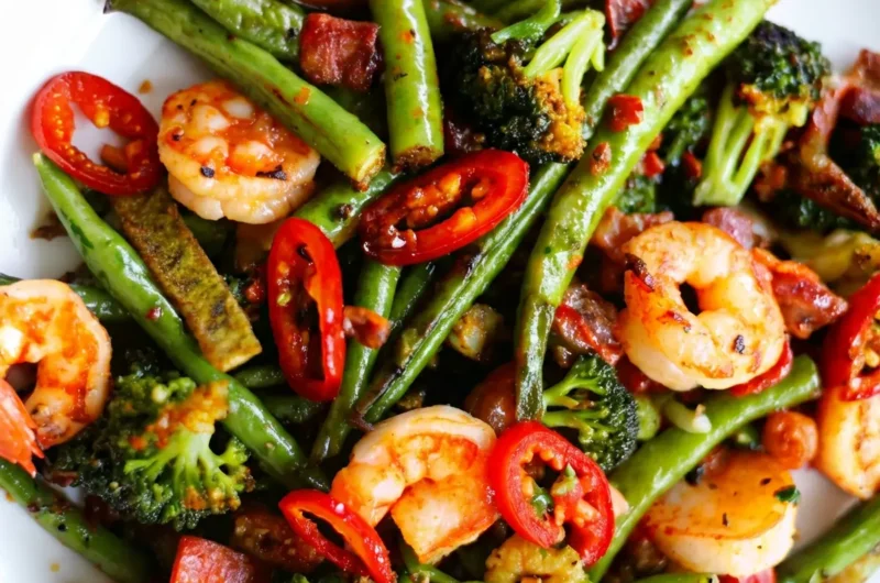 A close-up, top-down view of the vibrant 15-Minute Shrimp And Veg Stir-Fry served on a minimalist white plate. The dish features perfectly cooked orange shrimp, bright green beans, deep green broccoli florets, and thin slices of red chili, all glistening with a savory sauce. The plate is on a marble countertop with soft natural morning light from an east window, casting warm tones and gentle shadows. Fresh herbs are visible in the soft-focus background, alongside a subtle wood accent. (4:3 ratio)