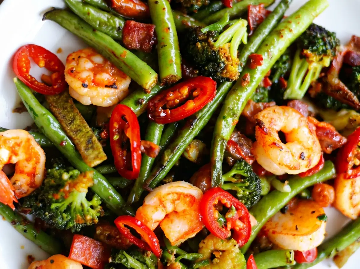 A close-up, top-down view of the vibrant 15-Minute Shrimp And Veg Stir-Fry served on a minimalist white plate. The dish features perfectly cooked orange shrimp, bright green beans, deep green broccoli florets, and thin slices of red chili, all glistening with a savory sauce. The plate is on a marble countertop with soft natural morning light from an east window, casting warm tones and gentle shadows. Fresh herbs are visible in the soft-focus background, alongside a subtle wood accent. (4:3 ratio)