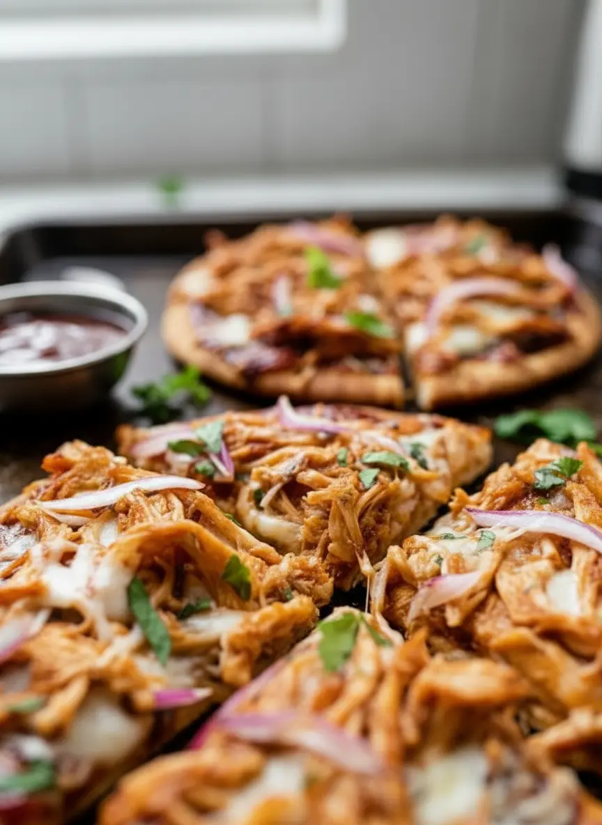 Close-up of raw ingredients for BBQ Chicken Pita Pizzas arranged on a wooden cutting board on marble countertops. Ingredients include a stack of pita breads, a bowl of shredded cooked chicken, a bowl of shredded mozzarella cheese, thinly sliced red onion, a bottle of BBQ sauce, and a bunch of fresh cilantro. Natural morning light from an east window, soft shadows, warm tones, clean and tidy presentation. No hands or people.