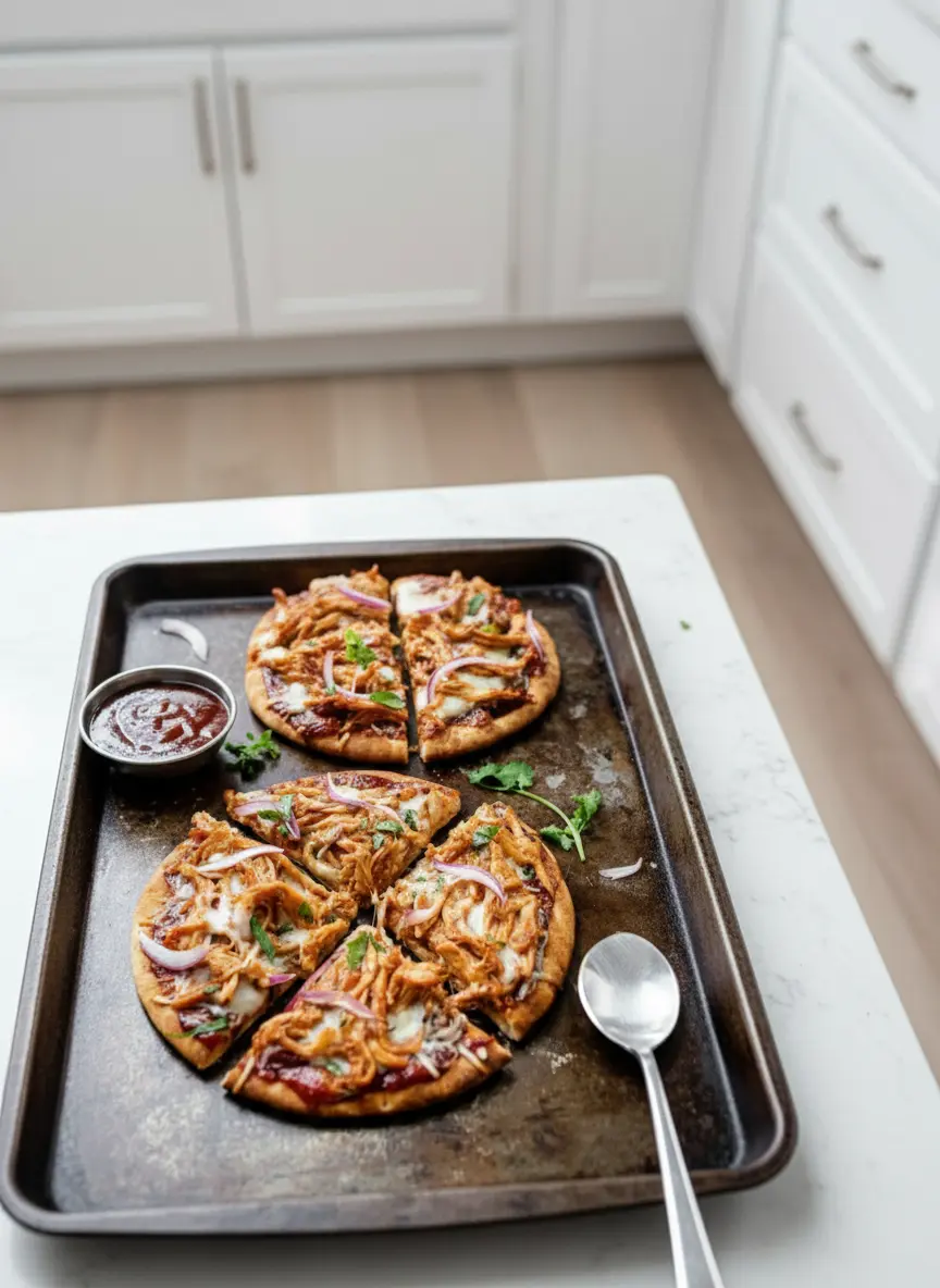 A partially assembled BBQ Chicken Pita Pizza on a dark metal baking sheet. A pita bread is spread with BBQ sauce, topped with shredded chicken, and partially covered with shredded mozzarella cheese. A scattering of thinly sliced red onion is visible. Natural morning light from an east window on marble countertops, with soft shadows and warm tones, showing the process of layering. No hands or people.