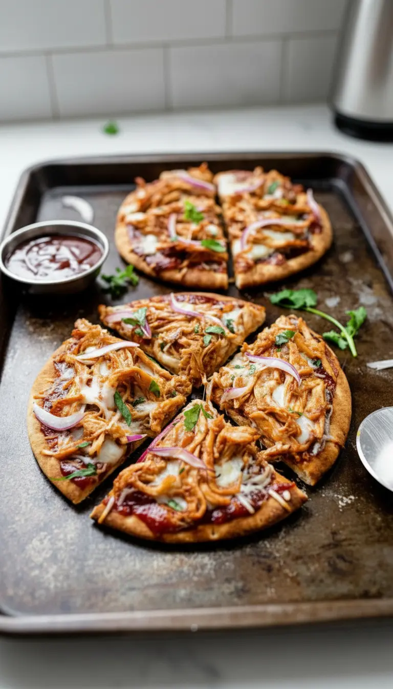 A close-up, angled shot of a slice of BBQ Chicken Pita Pizza being gently pulled from a whole pizza on a dark metal baking sheet, showing the gooey melted cheese pull and crispy pita crust. Shredded BBQ chicken, red onion, and cilantro are clearly visible on the slice. Natural morning light from an east window, with soft shadows and warm tones, emphasizing the texture and deliciousness. Marble countertops and wood accents are in the background. No hands or people.